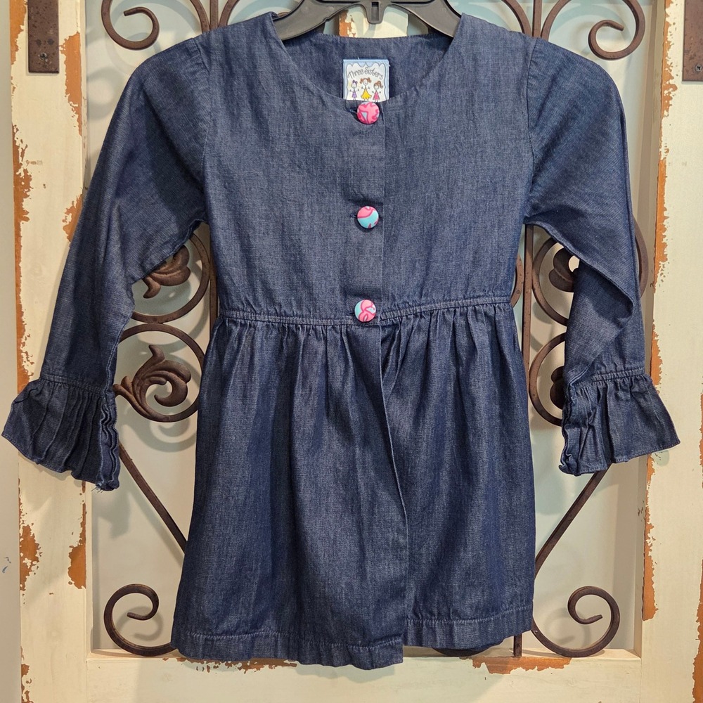 Three Sisters Girls Denim Chambray Dress Size 5 Ruffle Sleeve Pink Blue Tie Back